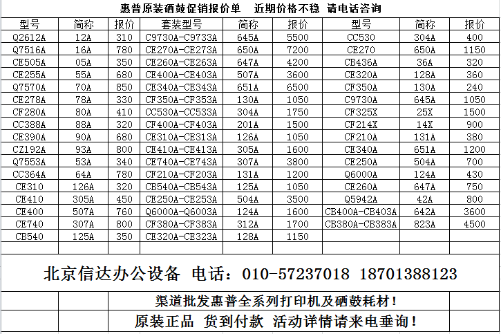 惠普打印機及電腦耗材報價單（參考）